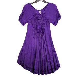 India Boutique One Size Trapeze Swing Dress Purple Embroidered Boho Short Sleeve